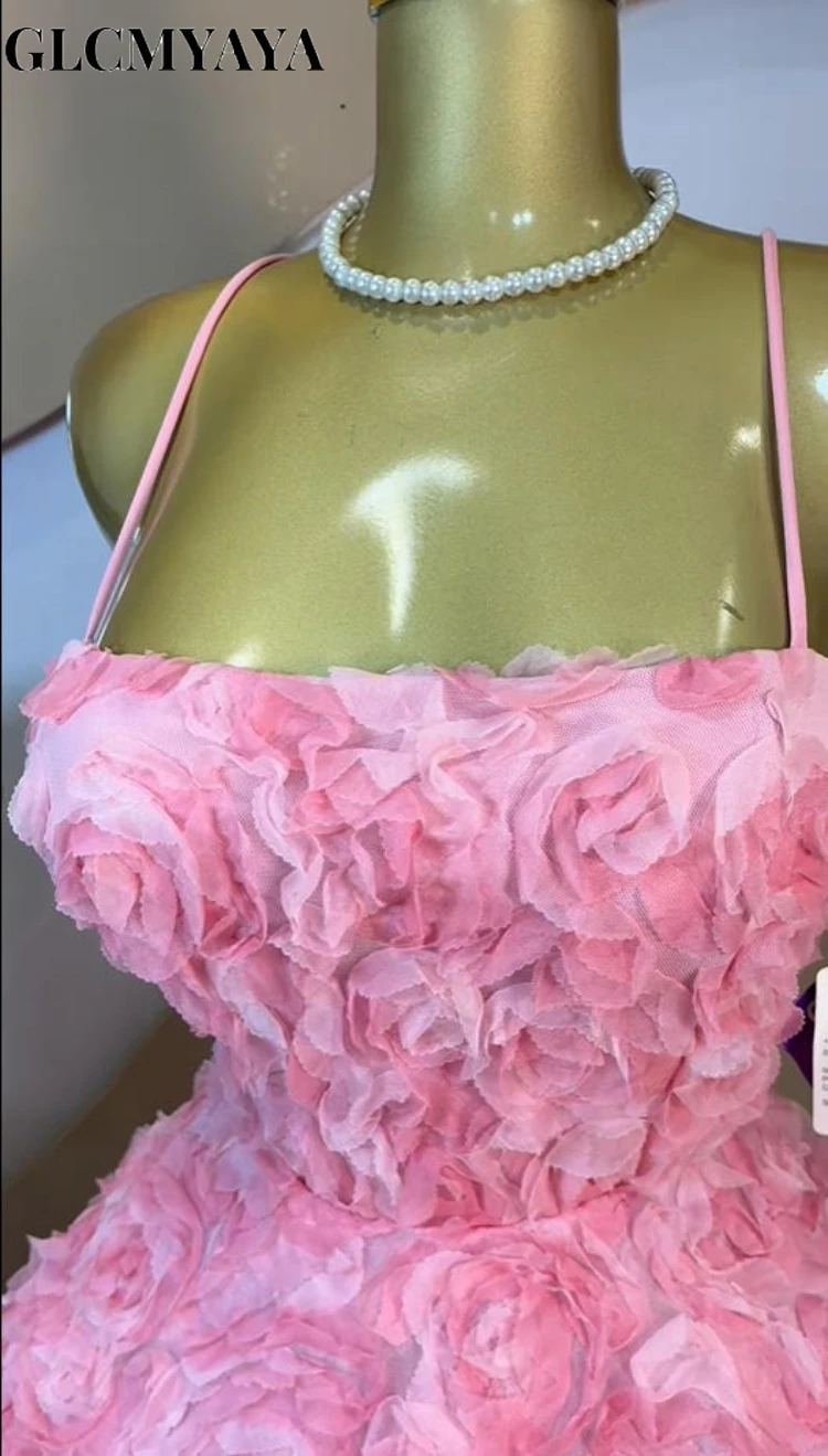 CM.YAYA Women Rose Floral Spaghetti Strap Lace Up Back Midi Mini A-line Dress 2026 Street Birthday Party Dresses Trendy Vestidos