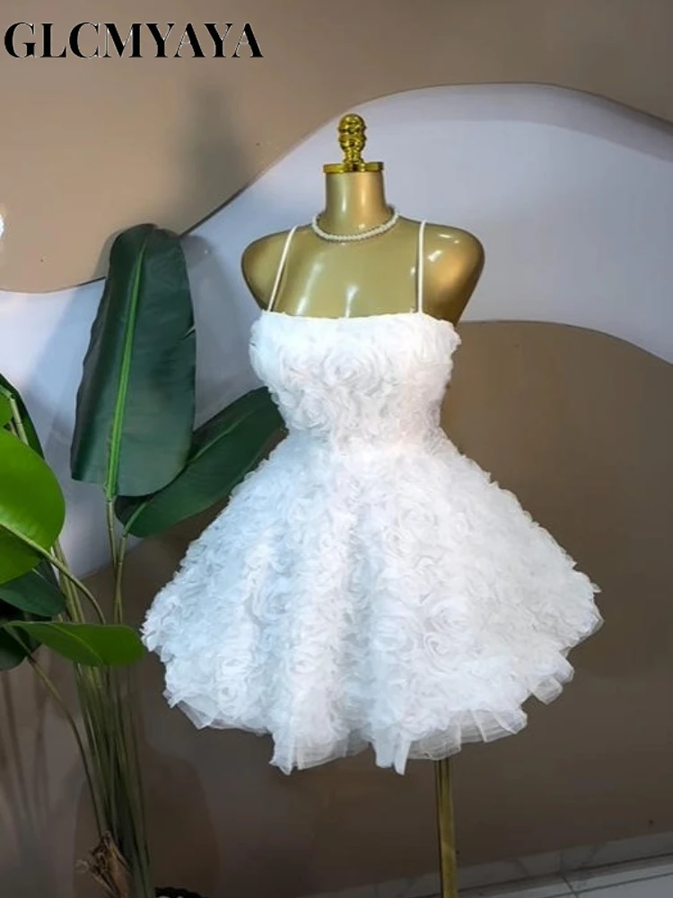 CM.YAYA Women Rose Floral Spaghetti Strap Lace Up Back Midi Mini A-line Dress 2026 Street Birthday Party Dresses Trendy Vestidos