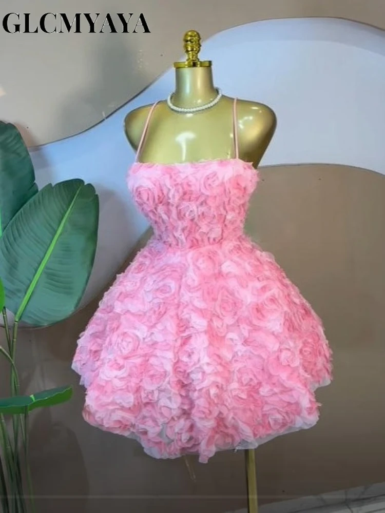 CM.YAYA Women Rose Floral Spaghetti Strap Lace Up Back Midi Mini A-line Dress 2026 Street Birthday Party Dresses Trendy Vestidos