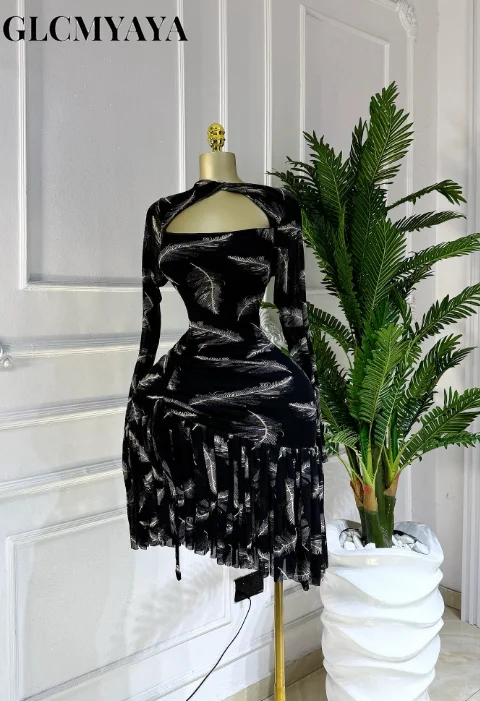 CM.YAYA Women Full Sleeve Print Stacked Ruffles Bodycon Mini Dress Fall Evening Birthday Vacation Party Vestidos Sexy Dresses