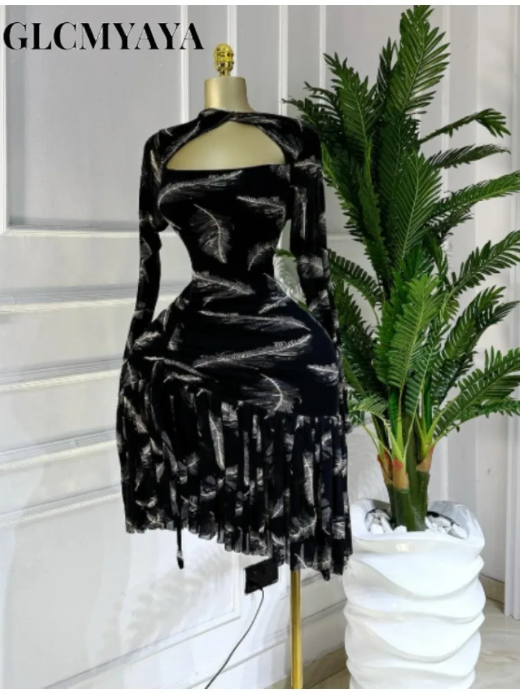 CM.YAYA Women Full Sleeve Print Stacked Ruffles Bodycon Mini Dress Fall Evening Birthday Vacation Party Vestidos Sexy Dresses