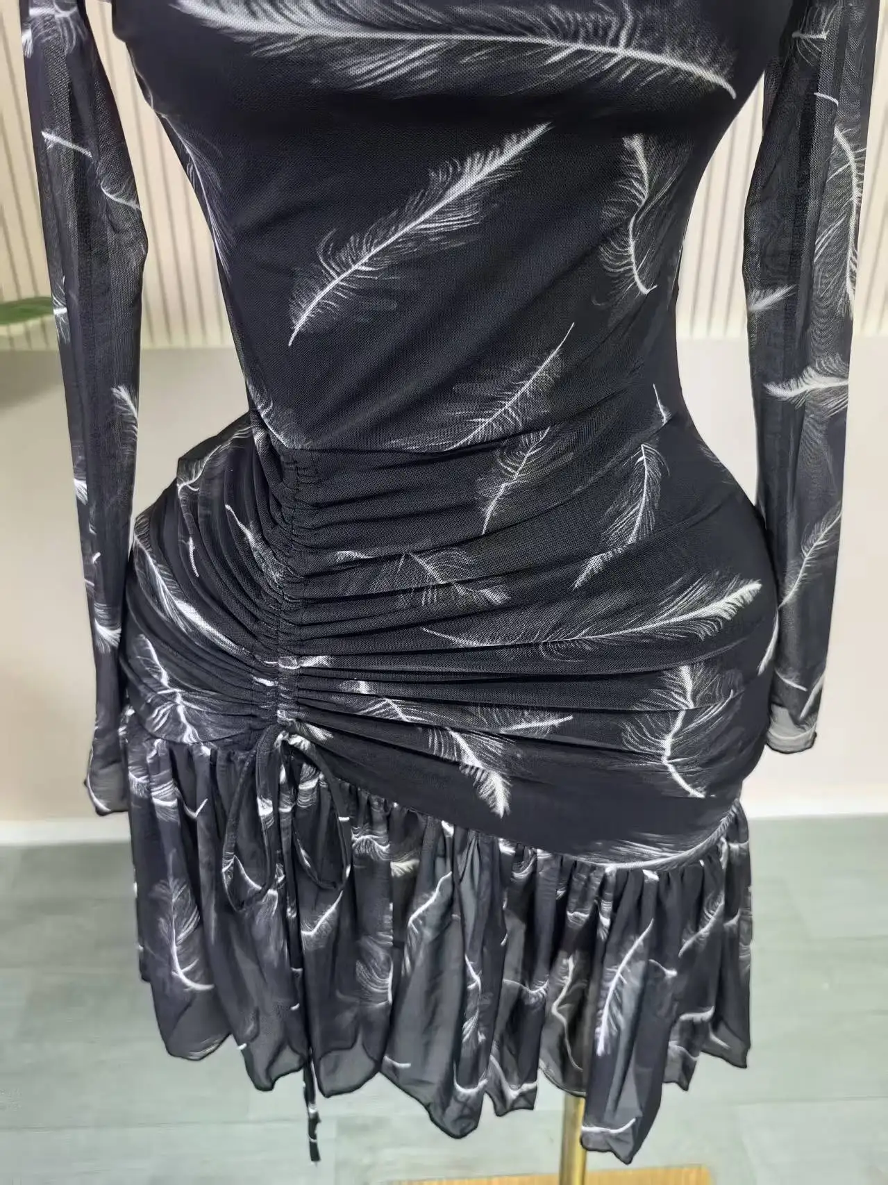 CM.YAYA Women Full Sleeve Print Stacked Ruffles Bodycon Mini Dress Fall Evening Birthday Vacation Party Vestidos Sexy Dresses