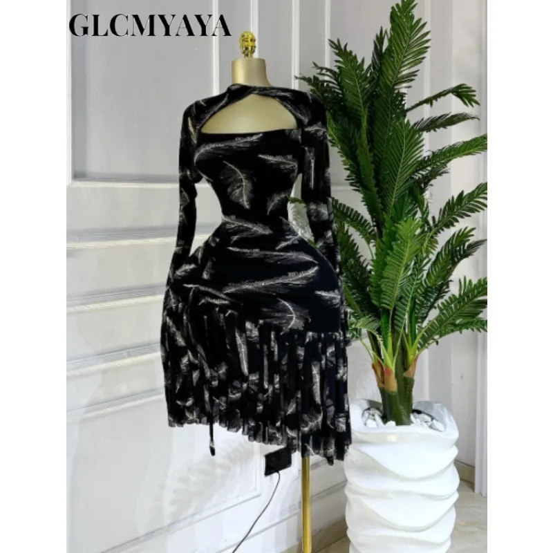 CM.YAYA Women Full Sleeve Print Stacked Ruffles Bodycon Mini Dress Fall Evening Birthday Vacation Party Vestidos Sexy Dresses