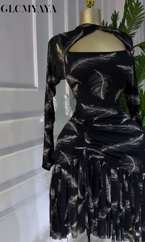 CM.YAYA Women Full Sleeve Print Stacked Ruffles Bodycon Mini Dress Fall Evening Birthday Vacation Party Vestidos Sexy Dresses