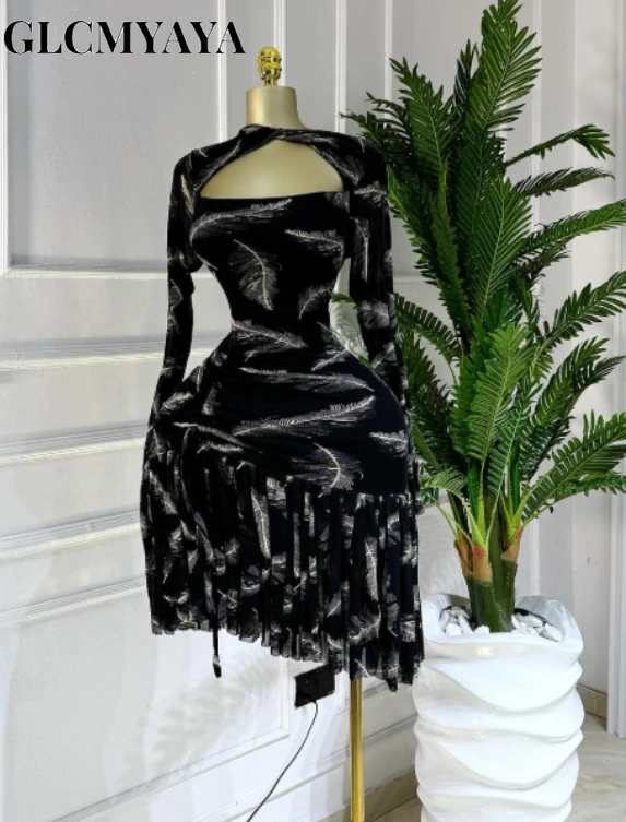 CM.YAYA Women Full Sleeve Print Stacked Ruffles Bodycon Mini Dress Fall Evening Birthday Vacation Party Vestidos Sexy Dresses