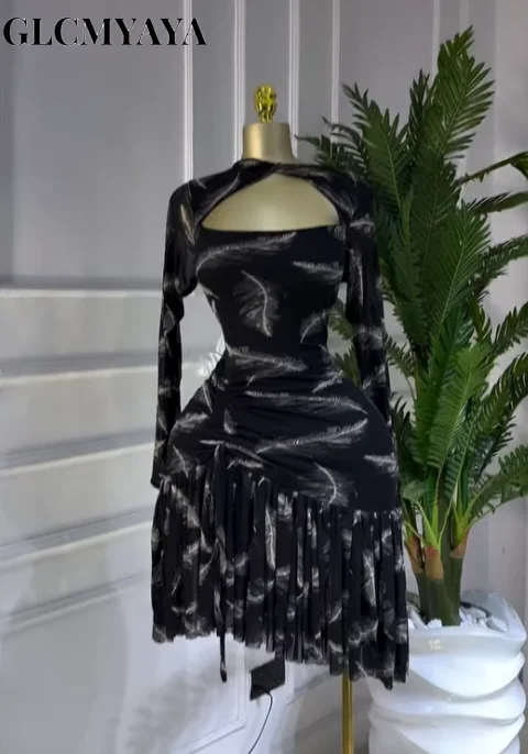 CM.YAYA Women Full Sleeve Print Stacked Ruffles Bodycon Mini Dress Fall Evening Birthday Vacation Party Vestidos Sexy Dresses