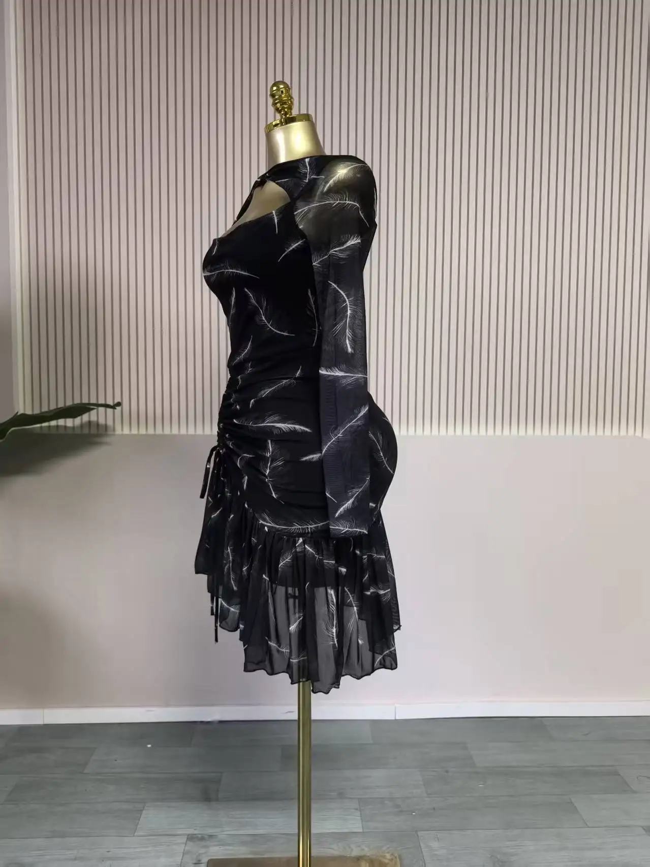 CM.YAYA Women Full Sleeve Print Stacked Ruffles Bodycon Mini Dress Fall Evening Birthday Vacation Party Vestidos Sexy Dresses