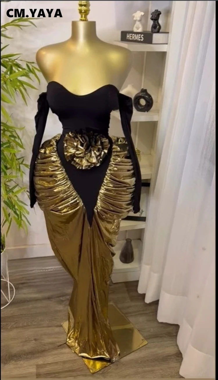 CM.YAYA Women Off Shoulder Long Sleeve Floral Gilding Patchwork Stacked Ruched Maxi Long Dress 2025 Birthday Sexy Party Dresses