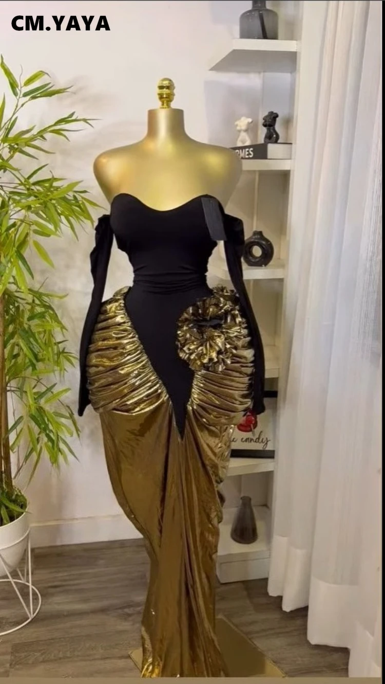 CM.YAYA Women Off Shoulder Long Sleeve Floral Gilding Patchwork Stacked Ruched Maxi Long Dress 2025 Birthday Sexy Party Dresses