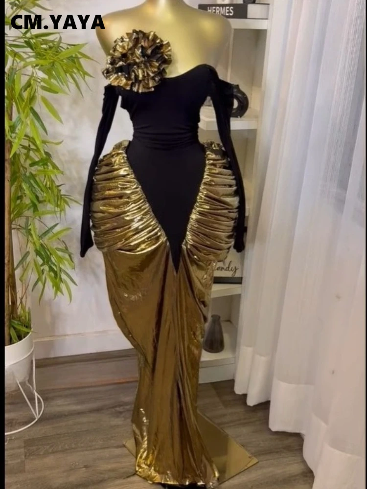 CM.YAYA Women Off Shoulder Long Sleeve Floral Gilding Patchwork Stacked Ruched Maxi Long Dress 2025 Birthday Sexy Party Dresses