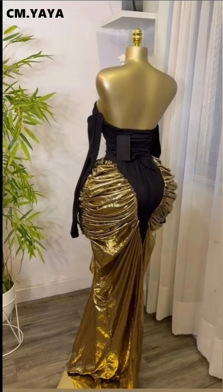 CM.YAYA Women Off Shoulder Long Sleeve Floral Gilding Patchwork Stacked Ruched Maxi Long Dress 2025 Birthday Sexy Party Dresses