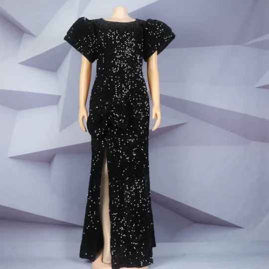 CM.YAYA Women Short Sleeve O-neck High Side Split Sequined Bodycon Midi Maxi Dress 2023 Sexy Party Birthday Long Dresses Vestido