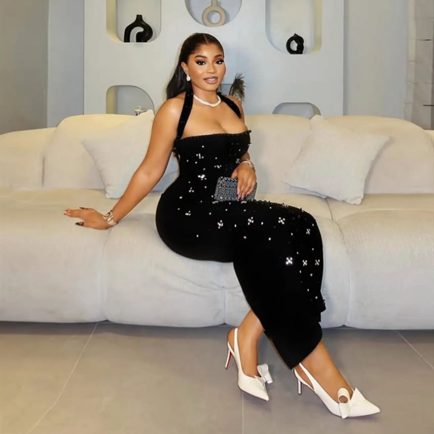 GLCMYAYA Women Diamonds Beading Halter Neck Bodycon Midi Maxi Long Dress 2025 Vacation Street Sexy Party Vestidos Dresses