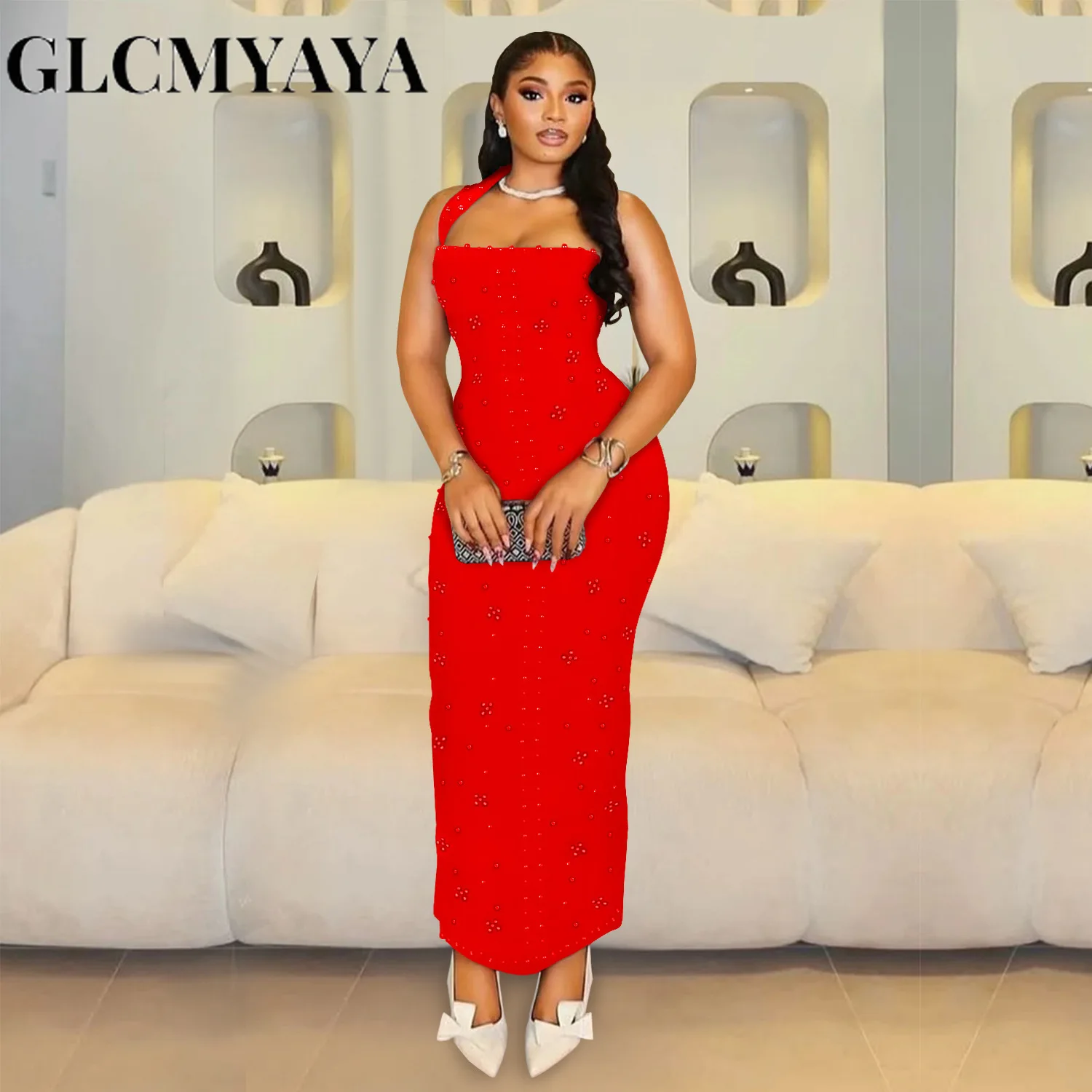 GLCMYAYA Women Diamonds Beading Halter Neck Bodycon Midi Maxi Long Dress 2025 Vacation Street Sexy Party Vestidos Dresses