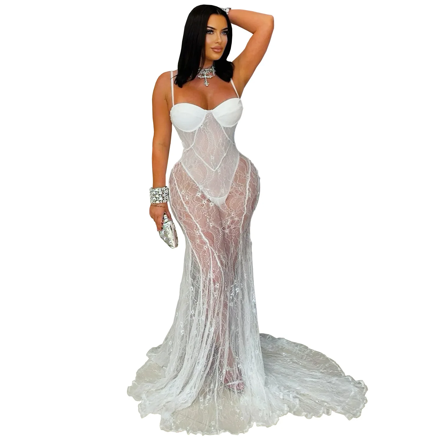 CM.YAYA Women Strap Sleeveless Bodycon Long Maxi Dress Lace See Through Streetwear Sexy Vestidos Party Evening Birthday Dresses