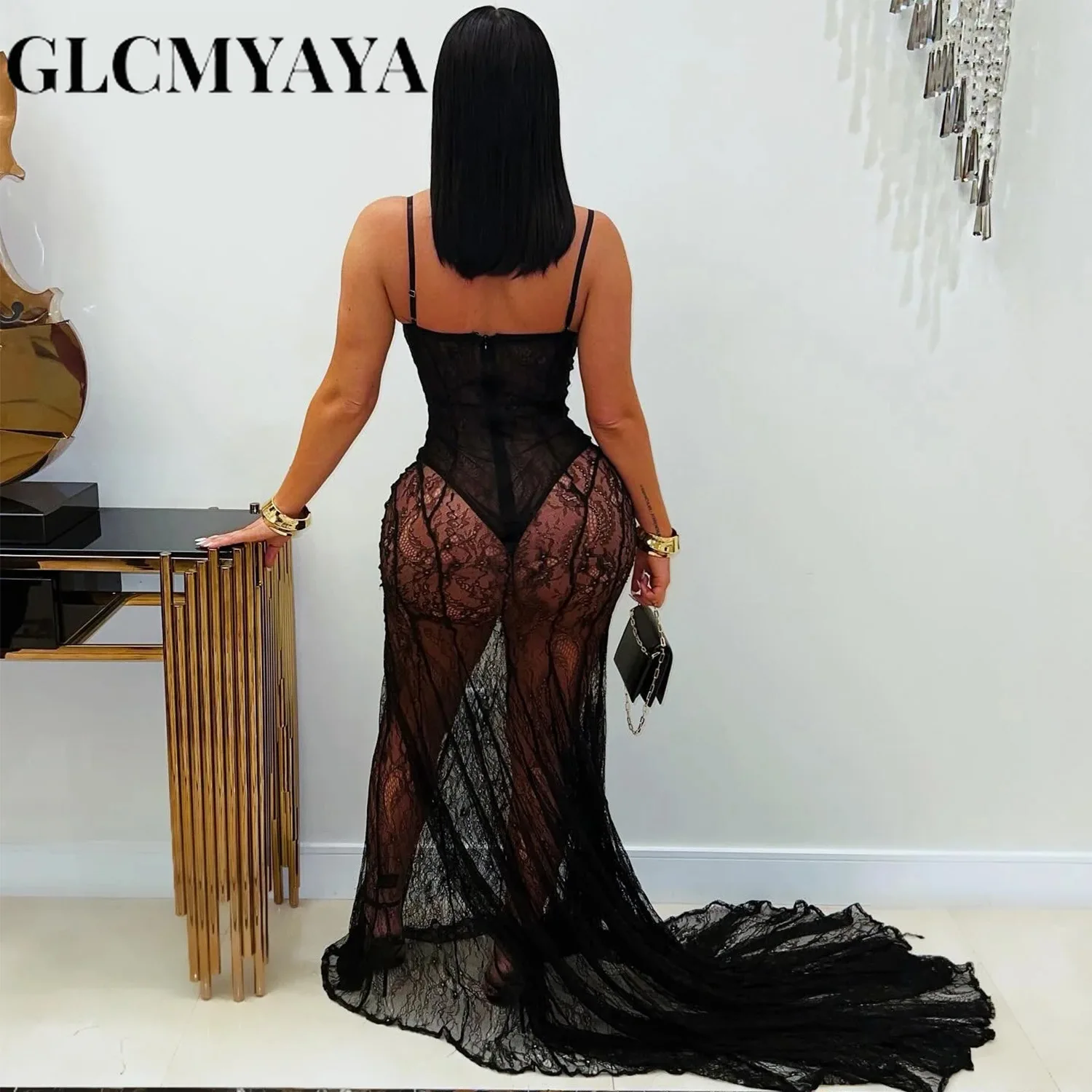 CM.YAYA Women Strap Sleeveless Bodycon Long Maxi Dress Lace See Through Streetwear Sexy Vestidos Party Evening Birthday Dresses