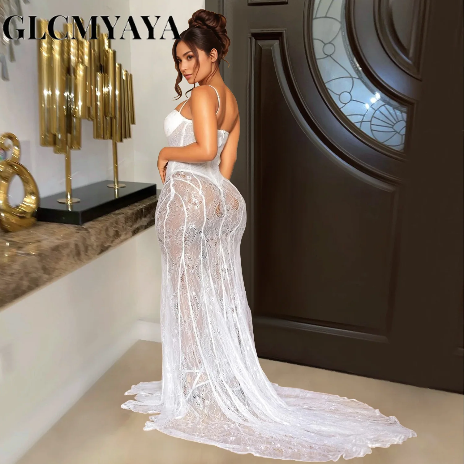 CM.YAYA Women Strap Sleeveless Bodycon Long Maxi Dress Lace See Through Streetwear Sexy Vestidos Party Evening Birthday Dresses