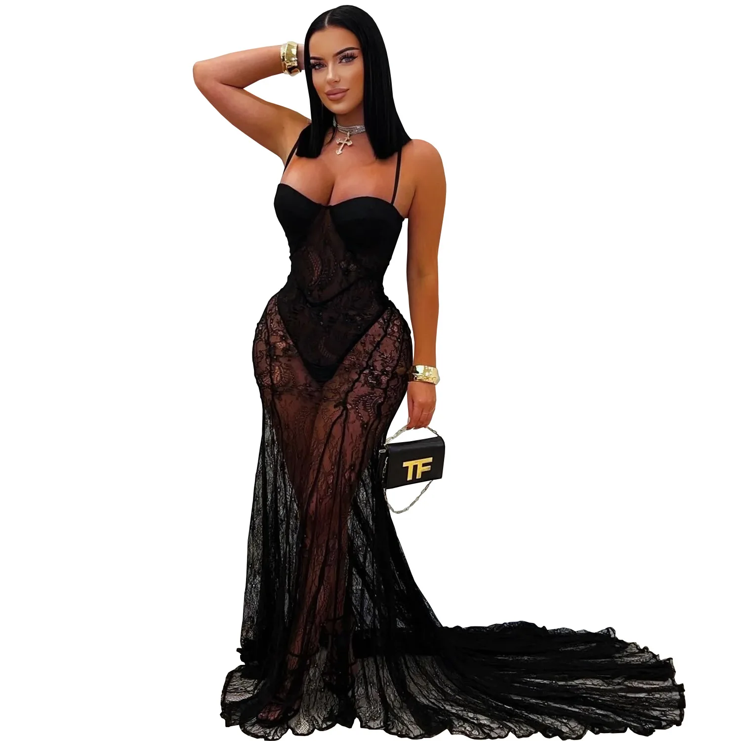 CM.YAYA Women Strap Sleeveless Bodycon Long Maxi Dress Lace See Through Streetwear Sexy Vestidos Party Evening Birthday Dresses
