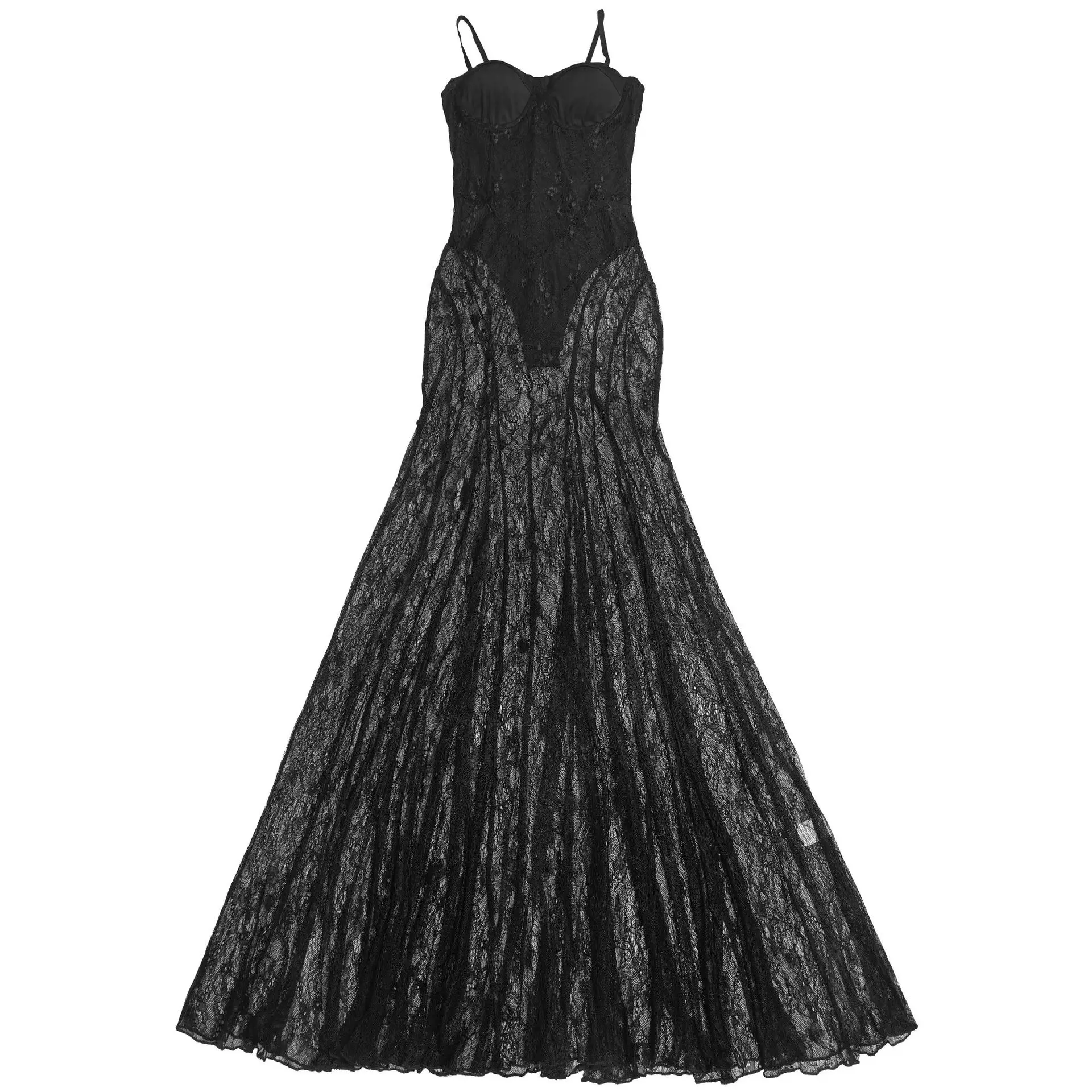 CM.YAYA Women Strap Sleeveless Bodycon Long Maxi Dress Lace See Through Streetwear Sexy Vestidos Party Evening Birthday Dresses