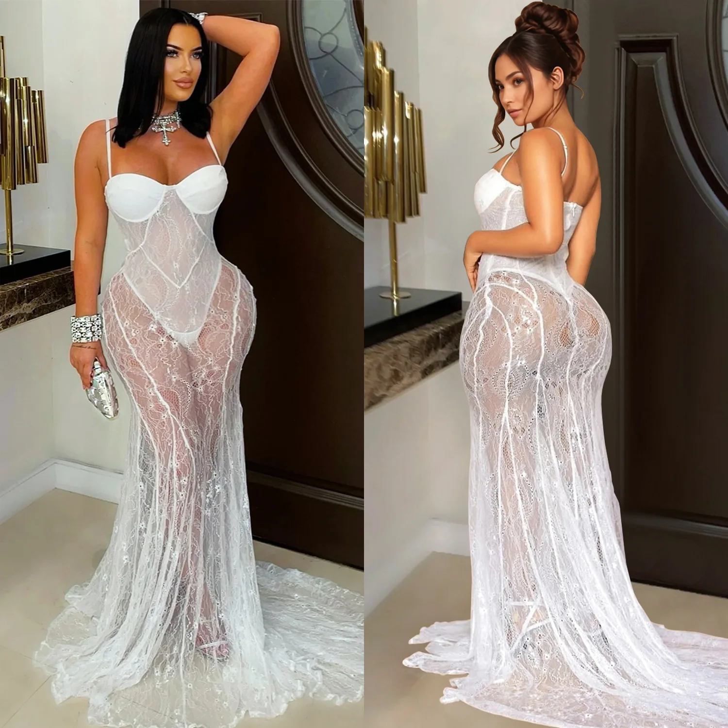 CM.YAYA Women Strap Sleeveless Bodycon Long Maxi Dress Lace See Through Streetwear Sexy Vestidos Party Evening Birthday Dresses