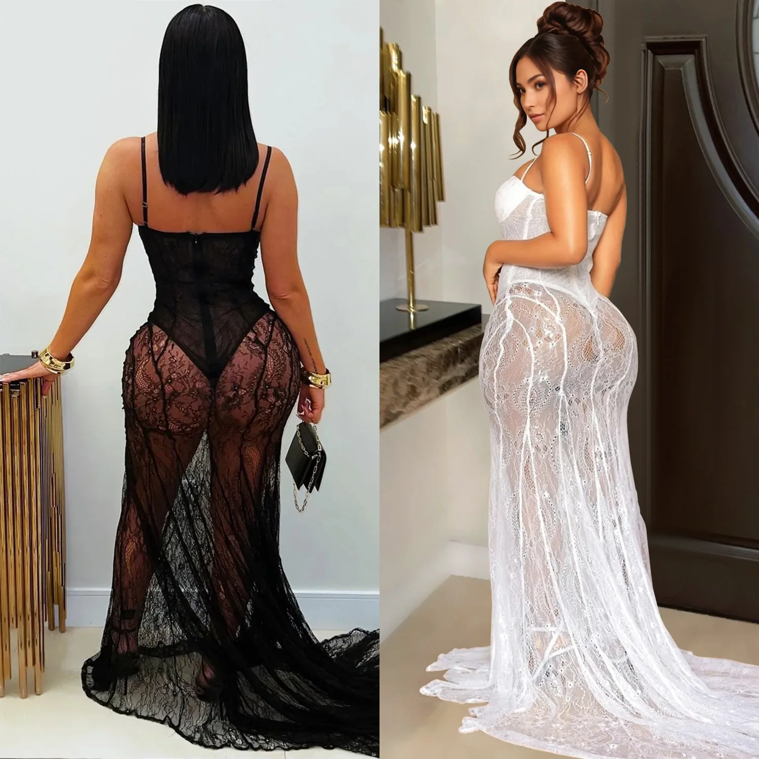 CM.YAYA Women Strap Sleeveless Bodycon Long Maxi Dress Lace See Through Streetwear Sexy Vestidos Party Evening Birthday Dresses