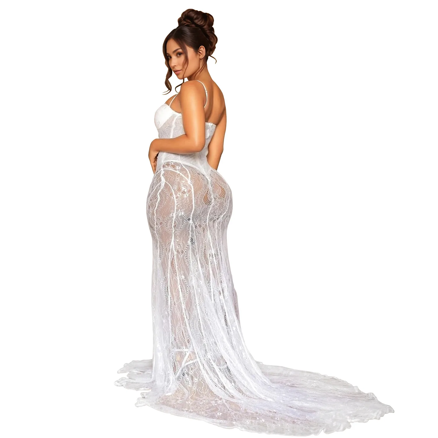 CM.YAYA Women Strap Sleeveless Bodycon Long Maxi Dress Lace See Through Streetwear Sexy Vestidos Party Evening Birthday Dresses