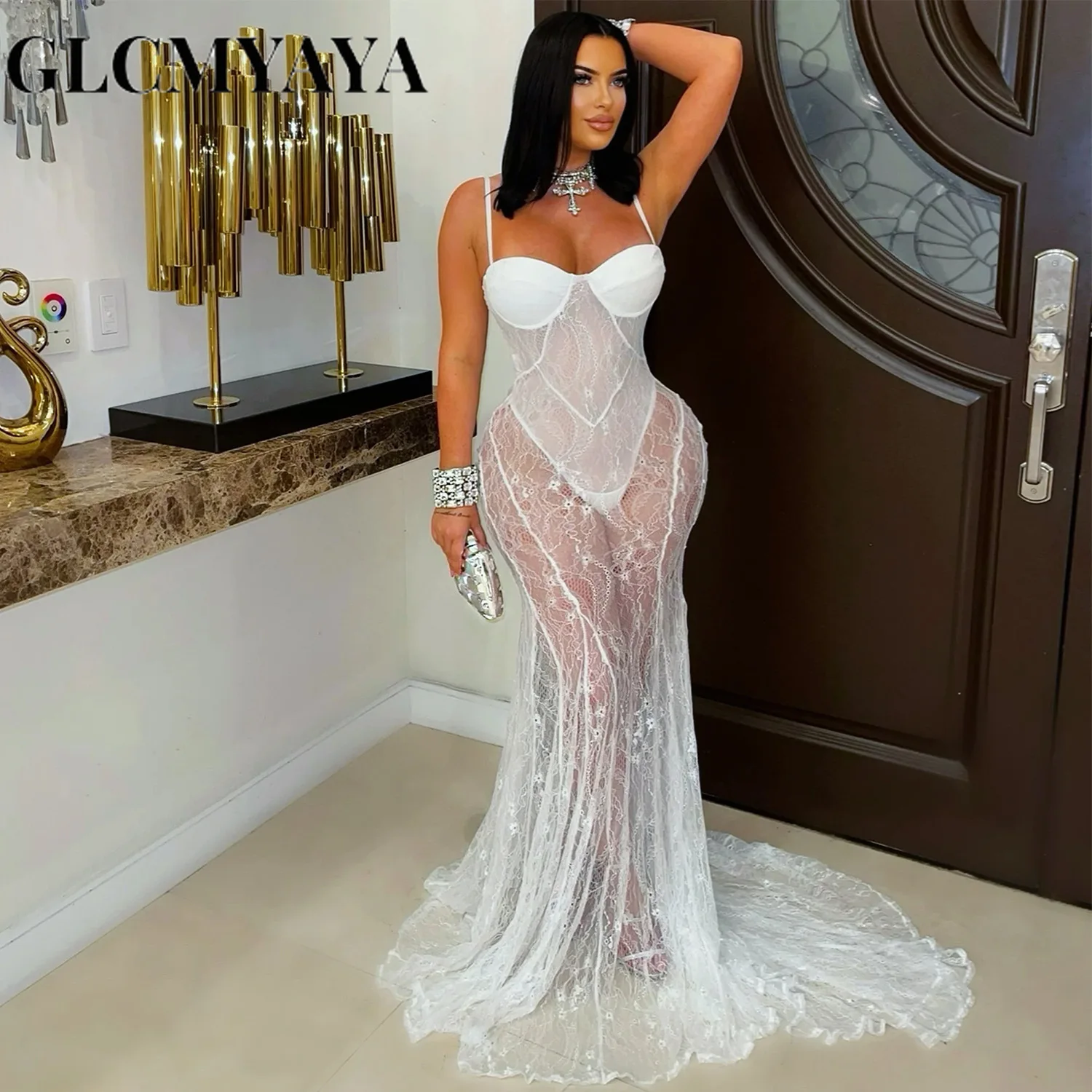 CM.YAYA Women Strap Sleeveless Bodycon Long Maxi Dress Lace See Through Streetwear Sexy Vestidos Party Evening Birthday Dresses