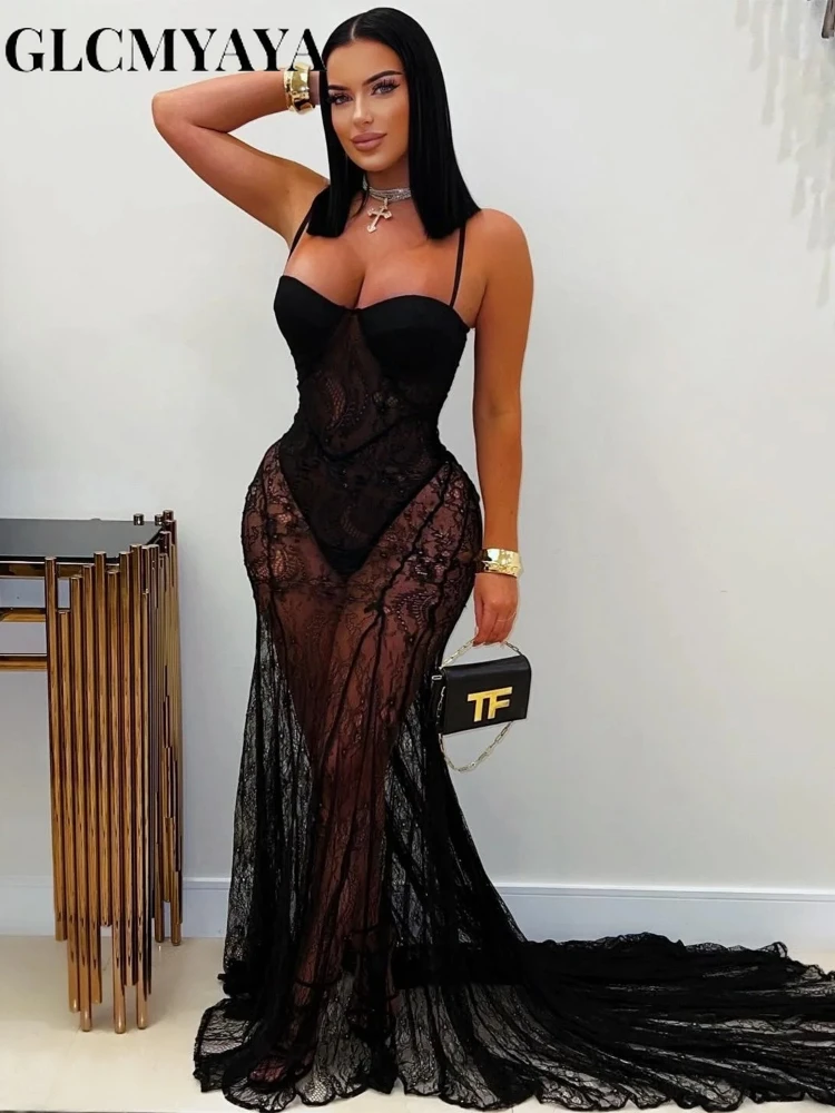 CM.YAYA Women Strap Sleeveless Bodycon Long Maxi Dress Lace See Through Streetwear Sexy Vestidos Party Evening Birthday Dresses