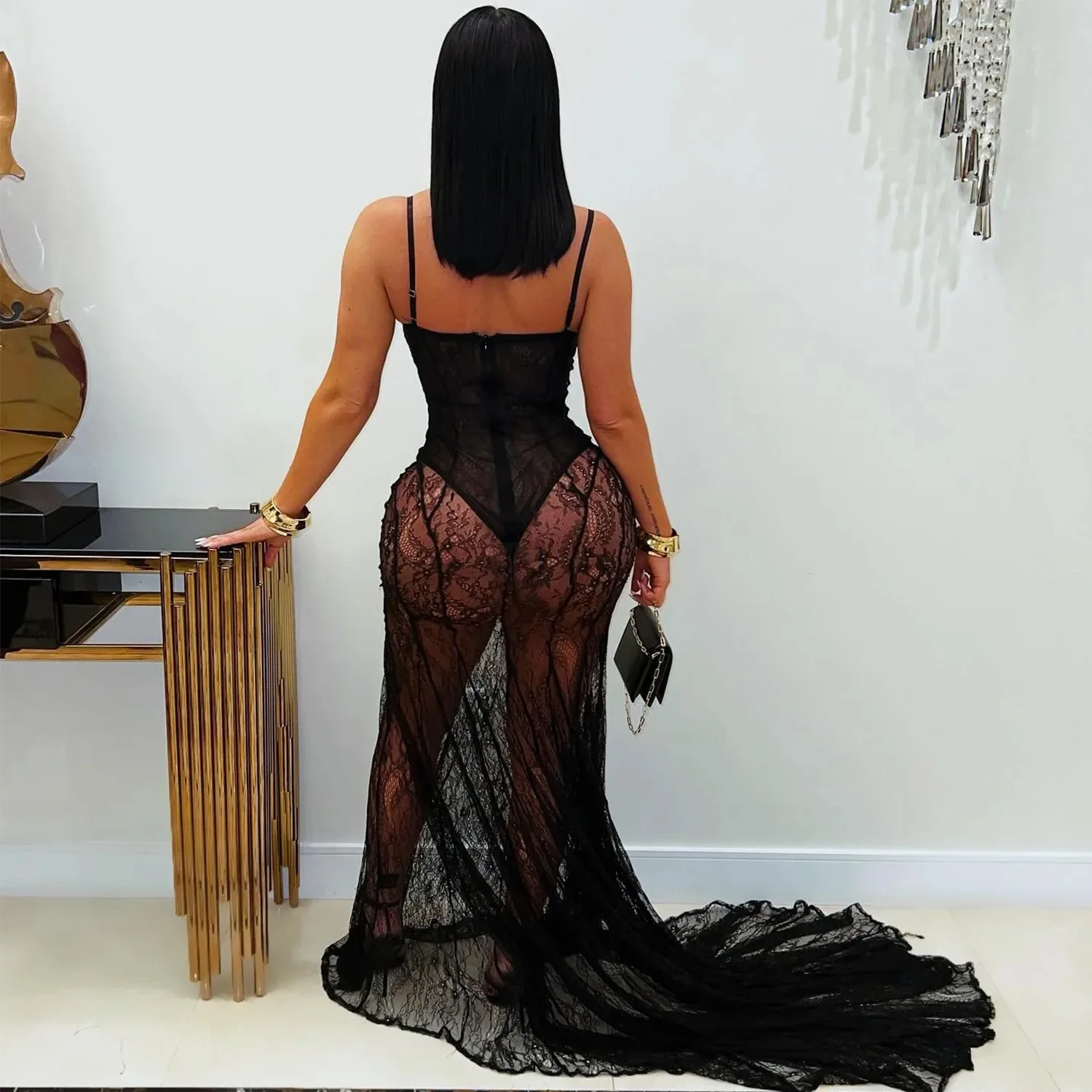 CM.YAYA Women Strap Sleeveless Bodycon Long Maxi Dress Lace See Through Streetwear Sexy Vestidos Party Evening Birthday Dresses