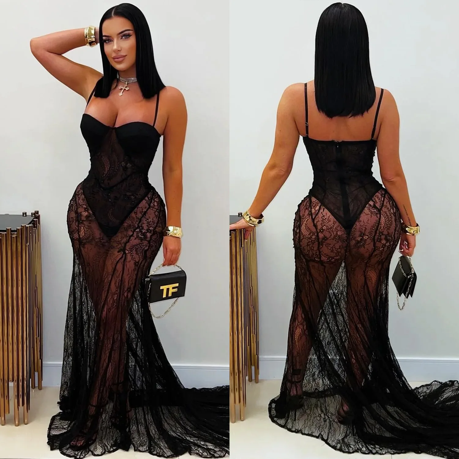CM.YAYA Women Strap Sleeveless Bodycon Long Maxi Dress Lace See Through Streetwear Sexy Vestidos Party Evening Birthday Dresses