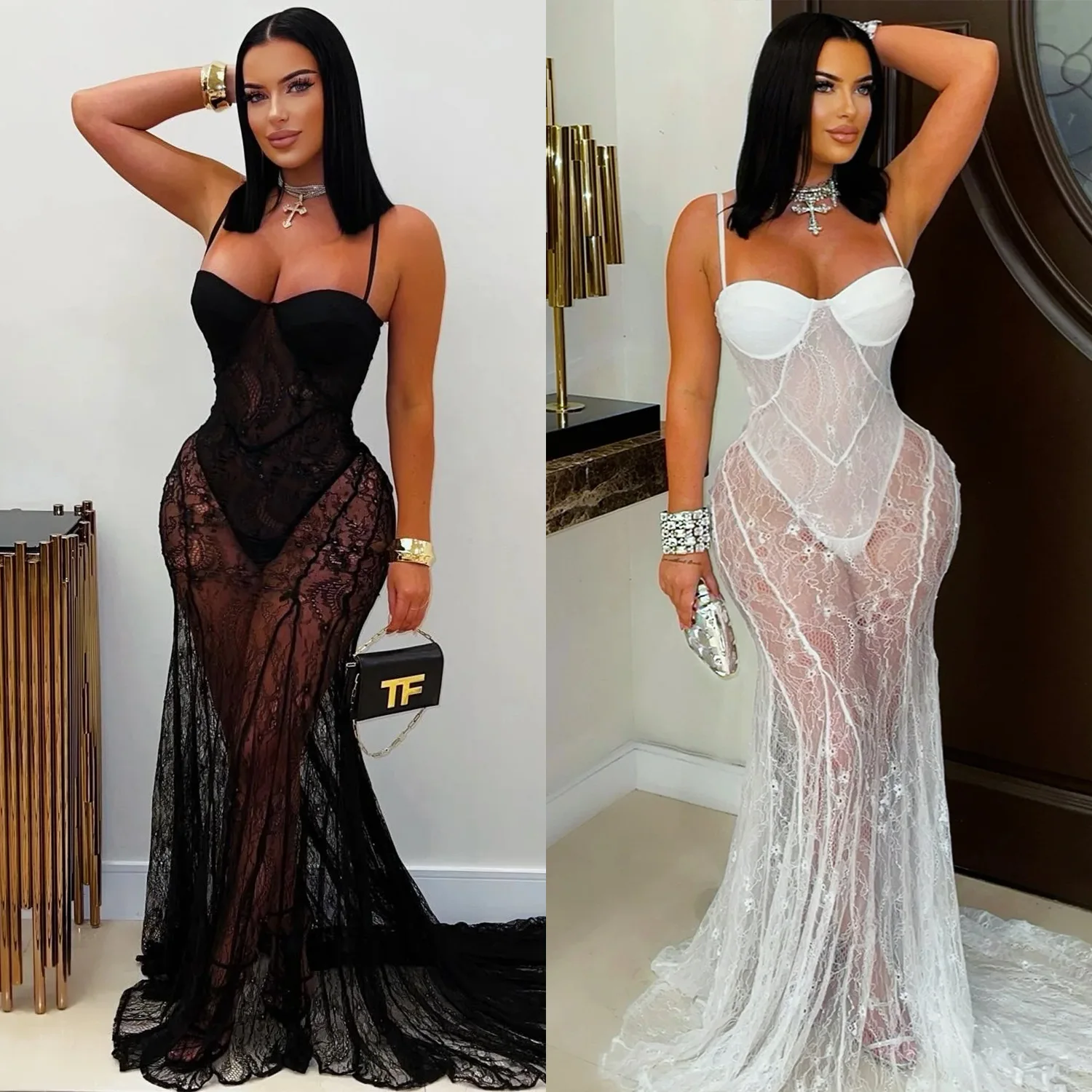 CM.YAYA Women Strap Sleeveless Bodycon Long Maxi Dress Lace See Through Streetwear Sexy Vestidos Party Evening Birthday Dresses
