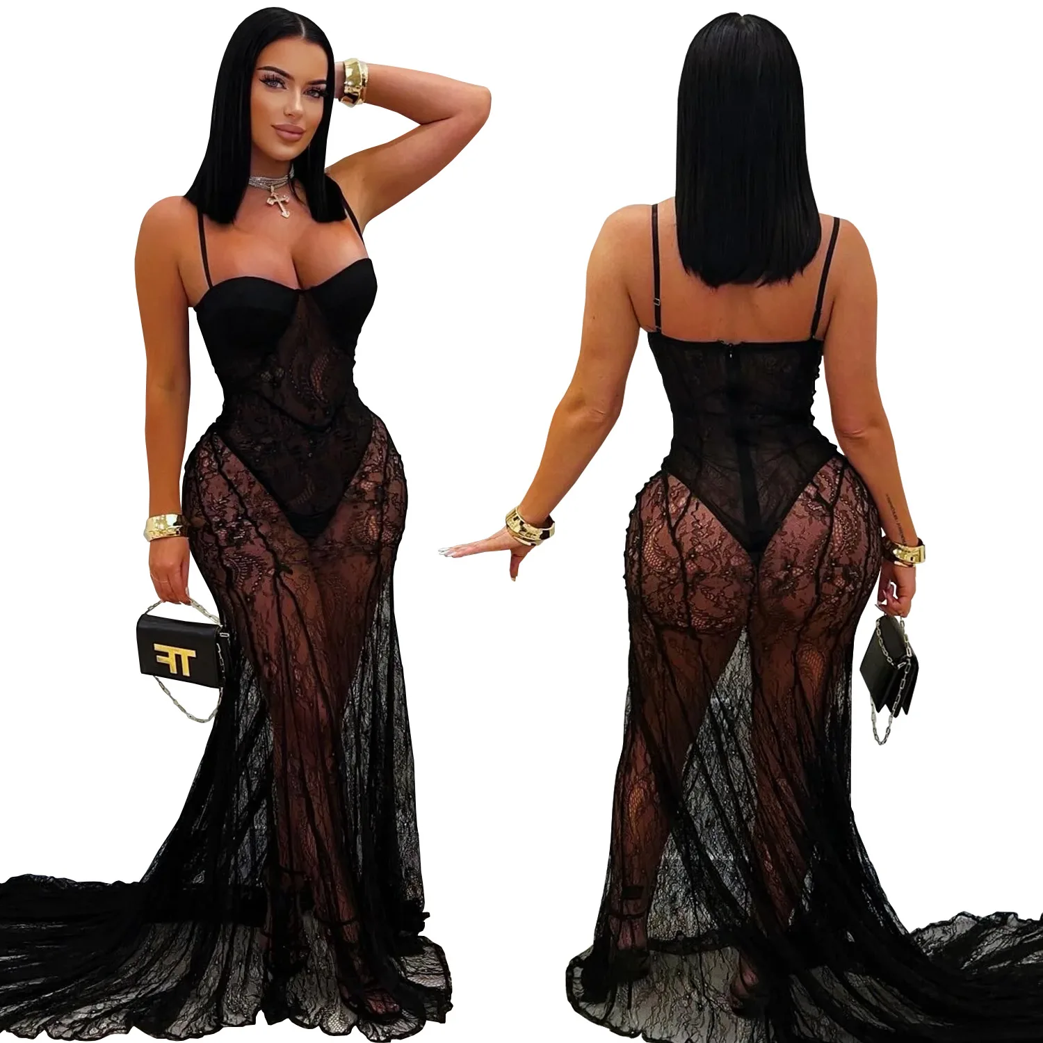 CM.YAYA Women Strap Sleeveless Bodycon Long Maxi Dress Lace See Through Streetwear Sexy Vestidos Party Evening Birthday Dresses