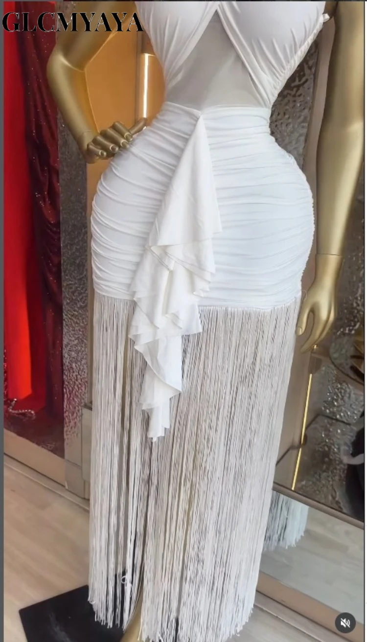 CM.YAYA Women Wraped Halter Neck Tassel Patchwork Stacked Midi Bodycon Maxi 2026 Spring Summer Holiday Party Trendy Long Dresses