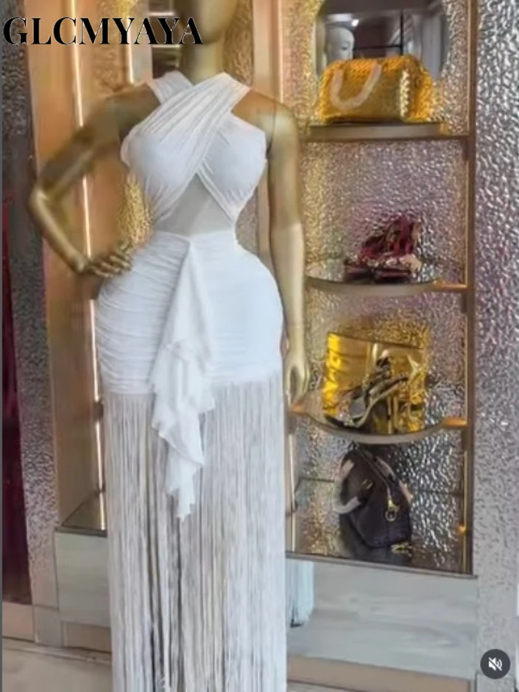 CM.YAYA Women Wraped Halter Neck Tassel Patchwork Stacked Midi Bodycon Maxi 2026 Spring Summer Holiday Party Trendy Long Dresses