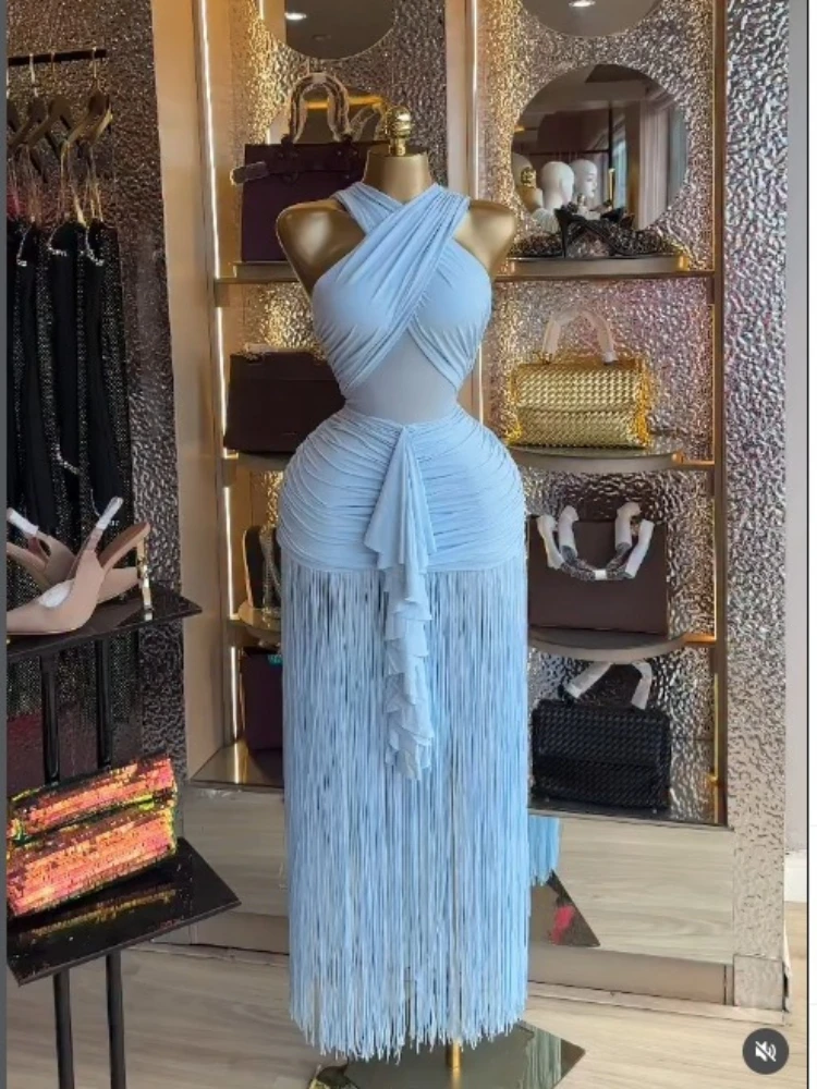 CM.YAYA Women Wraped Halter Neck Tassel Patchwork Stacked Midi Bodycon Maxi 2026 Spring Summer Holiday Party Trendy Long Dresses