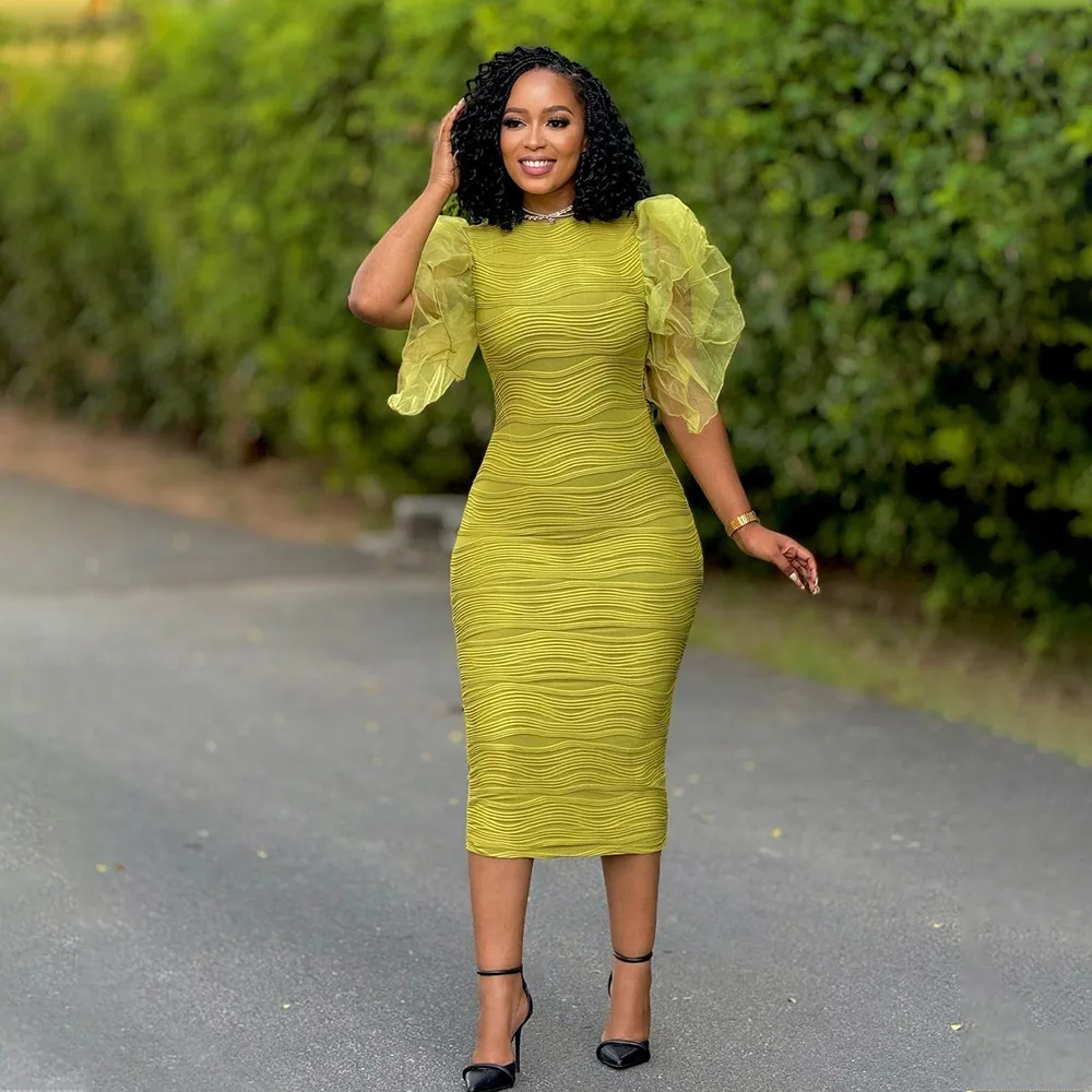 CM.YAYA Women Ruffles Short Sleeve O-neck Striped Knee Length Dress Street Vestidos Sexy Night Club Party Evening Chic Dresses