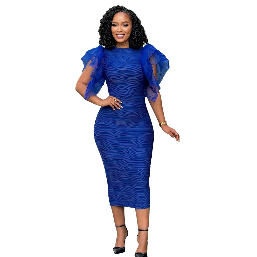 CM.YAYA Women Ruffles Short Sleeve O-neck Striped Knee Length Dress Street Vestidos Sexy Night Club Party Evening Chic Dresses