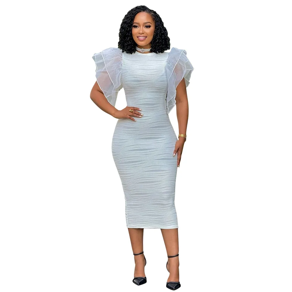 CM.YAYA Women Ruffles Short Sleeve O-neck Striped Knee Length Dress Street Vestidos Sexy Night Club Party Evening Chic Dresses