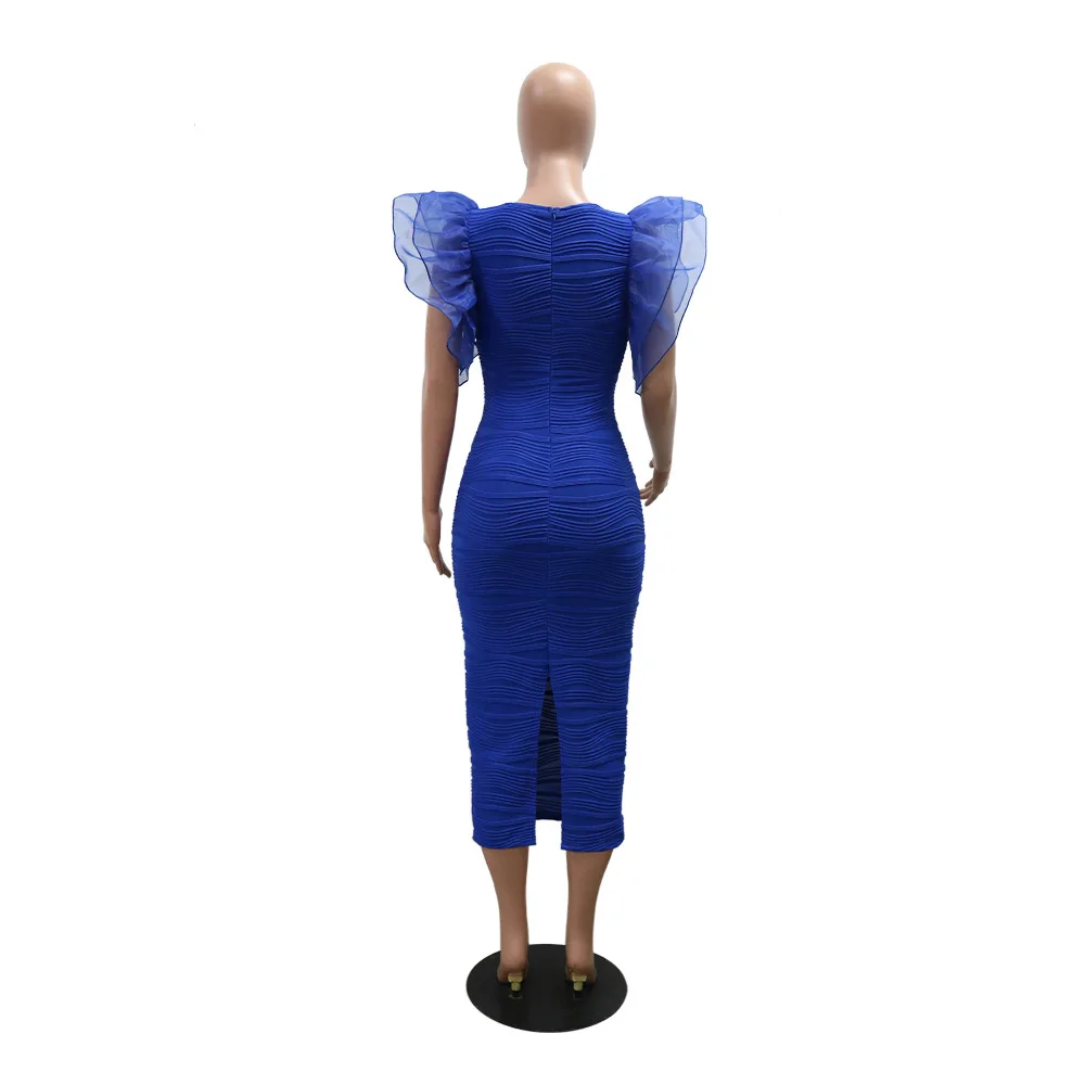 CM.YAYA Women Ruffles Short Sleeve O-neck Striped Knee Length Dress Street Vestidos Sexy Night Club Party Evening Chic Dresses