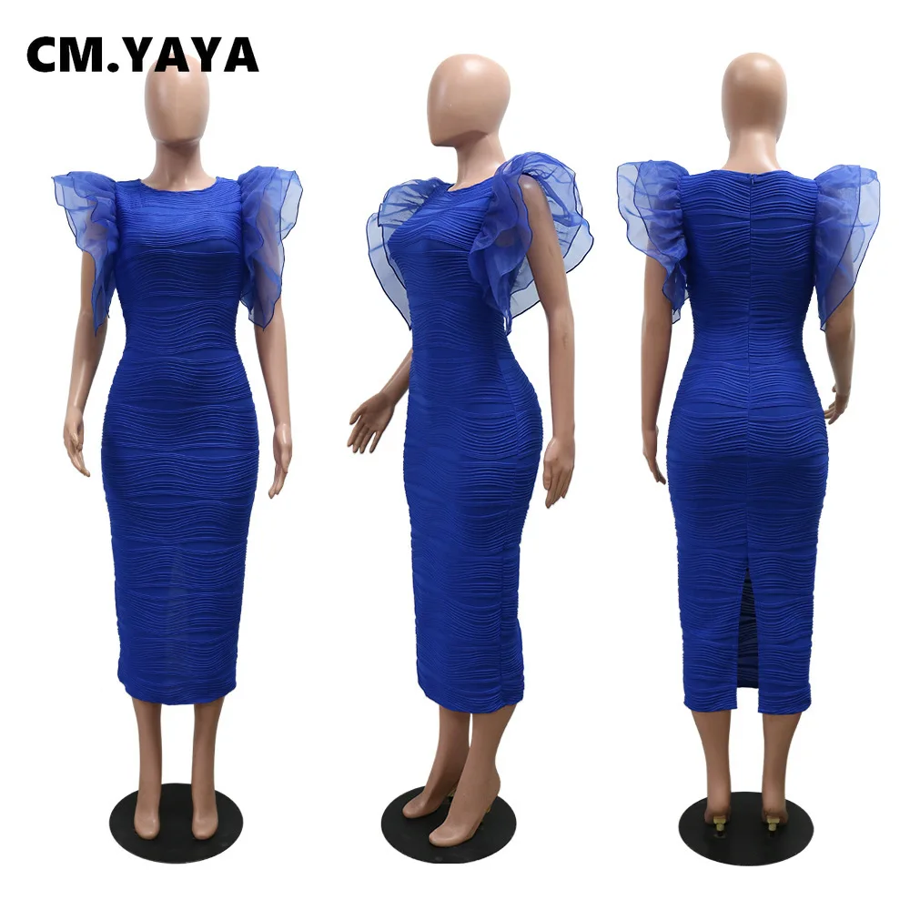 CM.YAYA Women Ruffles Short Sleeve O-neck Striped Knee Length Dress Street Vestidos Sexy Night Club Party Evening Chic Dresses