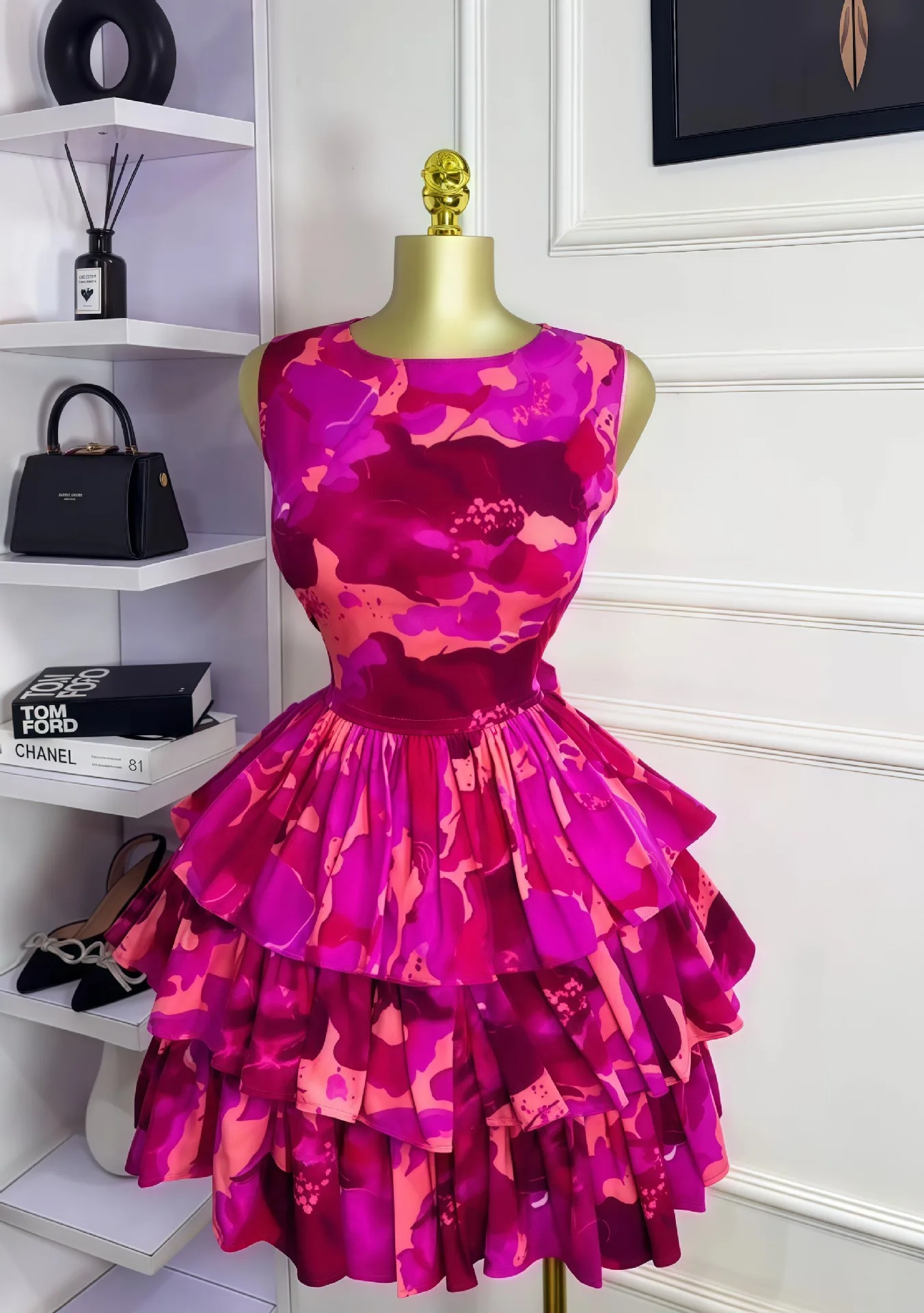 GLCMYAYA Women Floral Printed Sleeveless Cascading Ruffles Big Swing Ball Gown Dress 2025 Beach Vacation Holiday Vestido Dresses