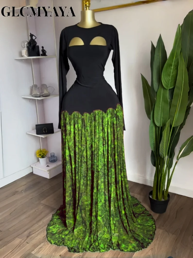 GLCMYAYA Women Printed Patchwork Cutout Front Big Swing A-line Maxi Dress 2026 Vacation Parties Birthday Long Dresses Vestidos