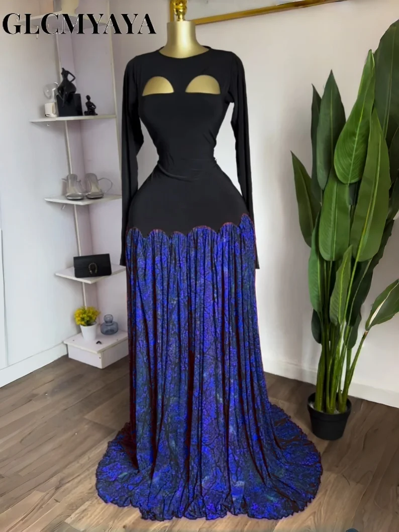 GLCMYAYA Women Printed Patchwork Cutout Front Big Swing A-line Maxi Dress 2026 Vacation Parties Birthday Long Dresses Vestidos