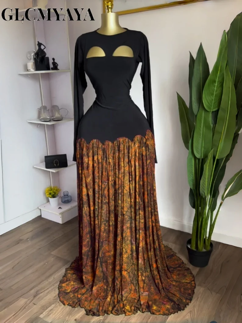 GLCMYAYA Women Printed Patchwork Cutout Front Big Swing A-line Maxi Dress 2026 Vacation Parties Birthday Long Dresses Vestidos