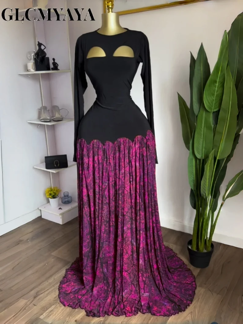 GLCMYAYA Women Printed Patchwork Cutout Front Big Swing A-line Maxi Dress 2026 Vacation Parties Birthday Long Dresses Vestidos