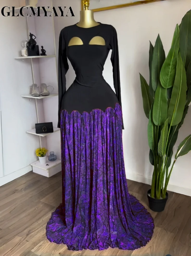 GLCMYAYA Women Printed Patchwork Cutout Front Big Swing A-line Maxi Dress 2026 Vacation Parties Birthday Long Dresses Vestidos