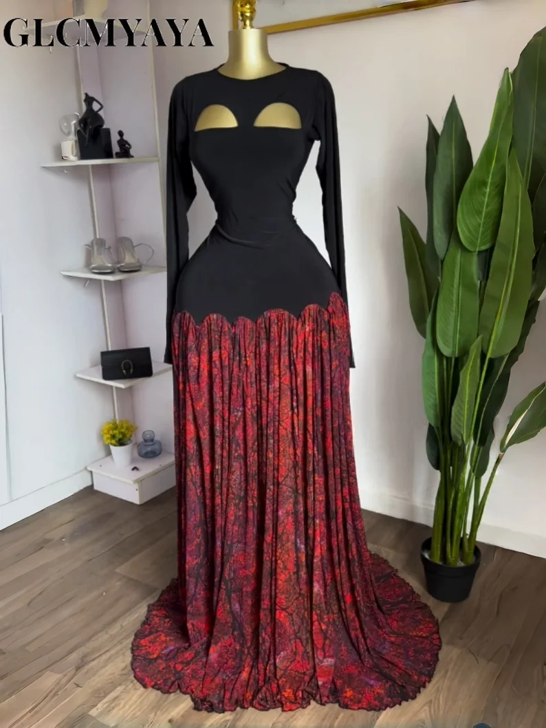 GLCMYAYA Women Printed Patchwork Cutout Front Big Swing A-line Maxi Dress 2026 Vacation Parties Birthday Long Dresses Vestidos