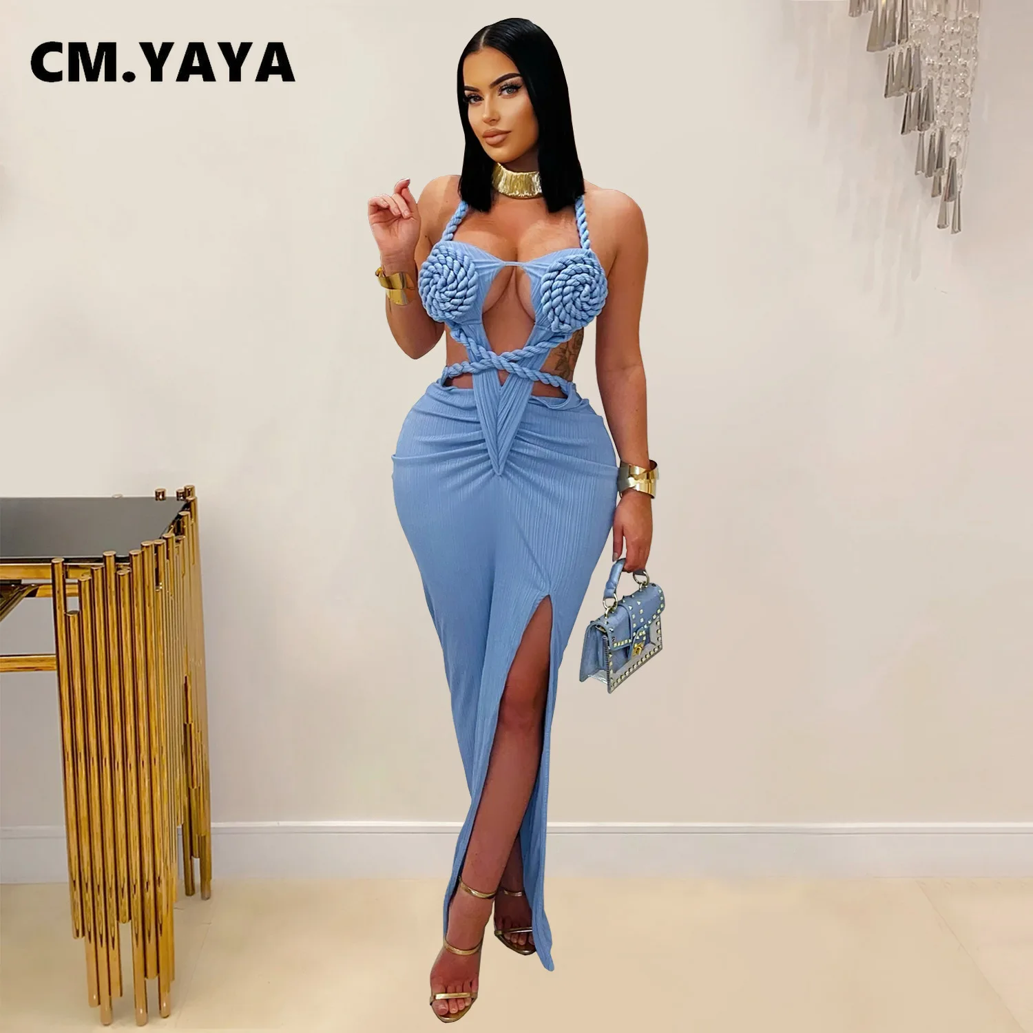 CM.YAYA Women Hemp Rope Halter Neck Stacked Ruched High Split Knit Bodycon Midi Maxi Long Dress 2025 Birthday Sexy Party Dresses