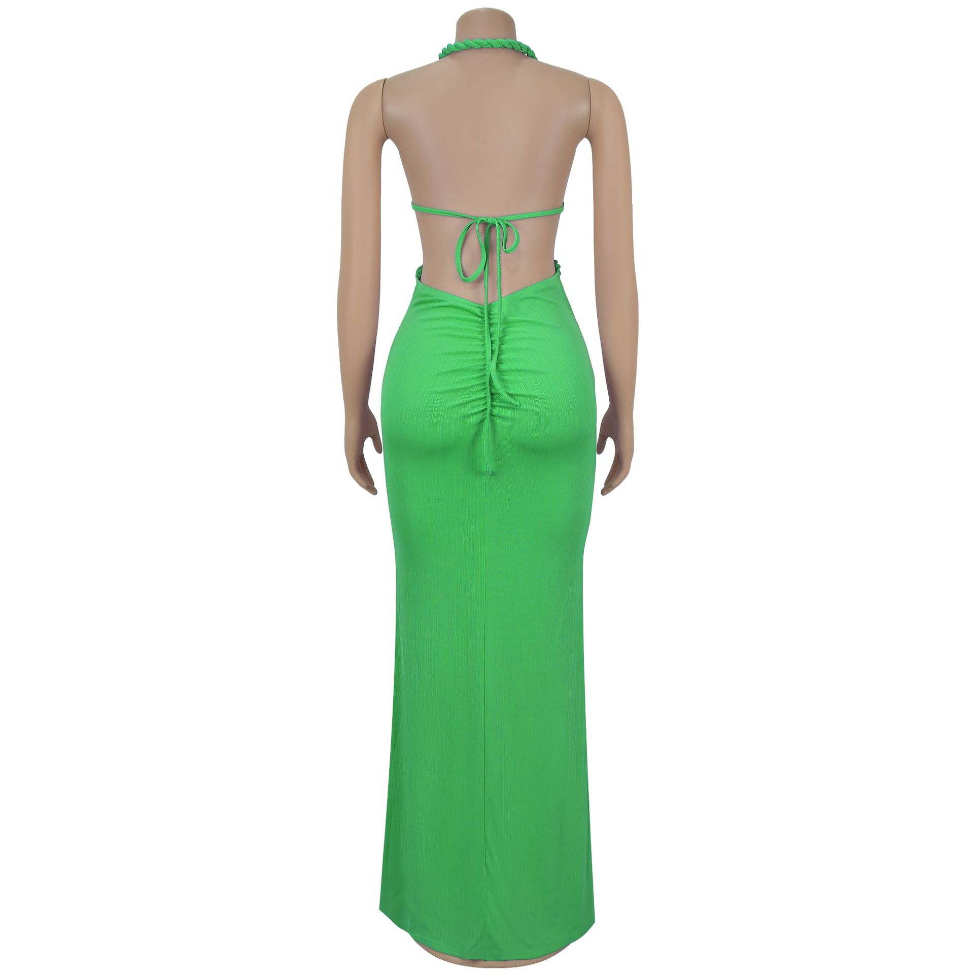 CM.YAYA Women Hemp Rope Halter Neck Stacked Ruched High Split Knit Bodycon Midi Maxi Long Dress 2025 Birthday Sexy Party Dresses CM.YAYA Women Hemp Rope Halter Neck Stacked Ruched High Split Knit Bodycon Midi Maxi Long Dress 2025 Birthday Sexy Party Dresses
