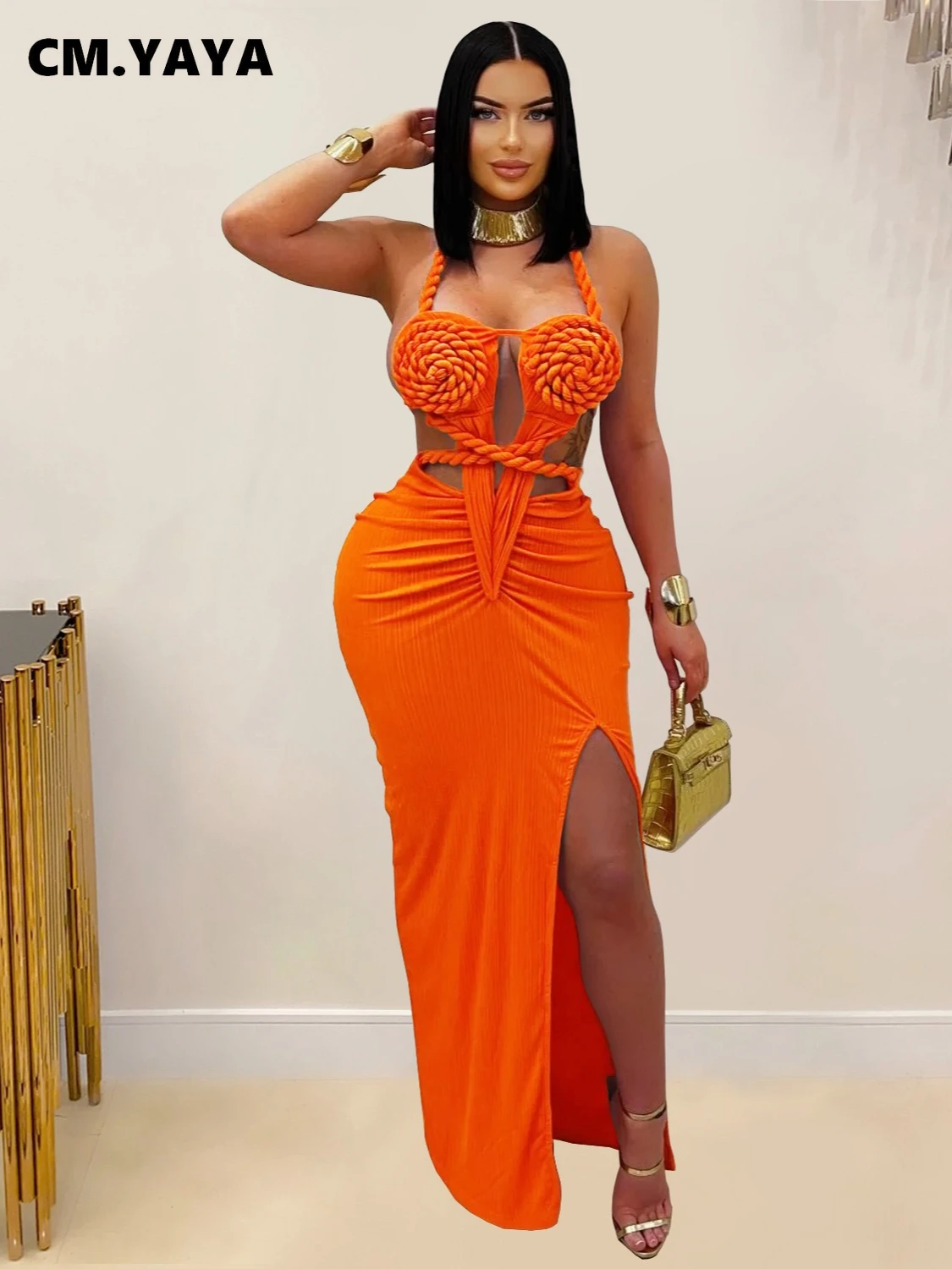 CM.YAYA Women Hemp Rope Halter Neck Stacked Ruched High Split Knit Bodycon Midi Maxi Long Dress 2025 Birthday Sexy Party Dresses